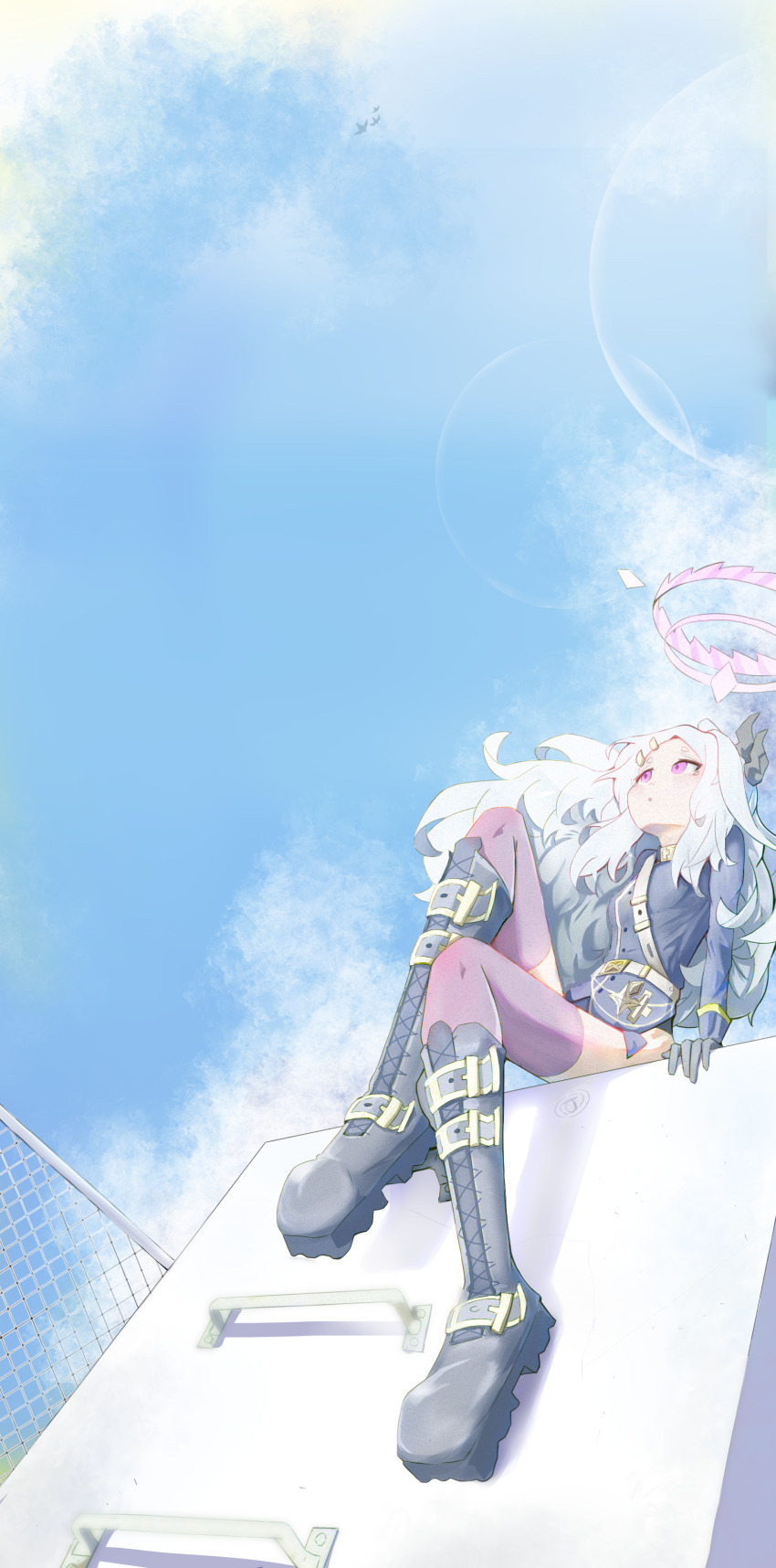 1girl absurdres ahoge arupakkadesu_pixv black_halo black_skirt black_thighhighs blue_archive blue_sky blush breasts commentary day demon_girl demon_horns english_commentary halo highres hina_(blue_archive) horns long_hair looking_at_another outdoors purple_eyes sitting skirt sky small_breasts solo thighhighs thighs very_long_hair white_hair