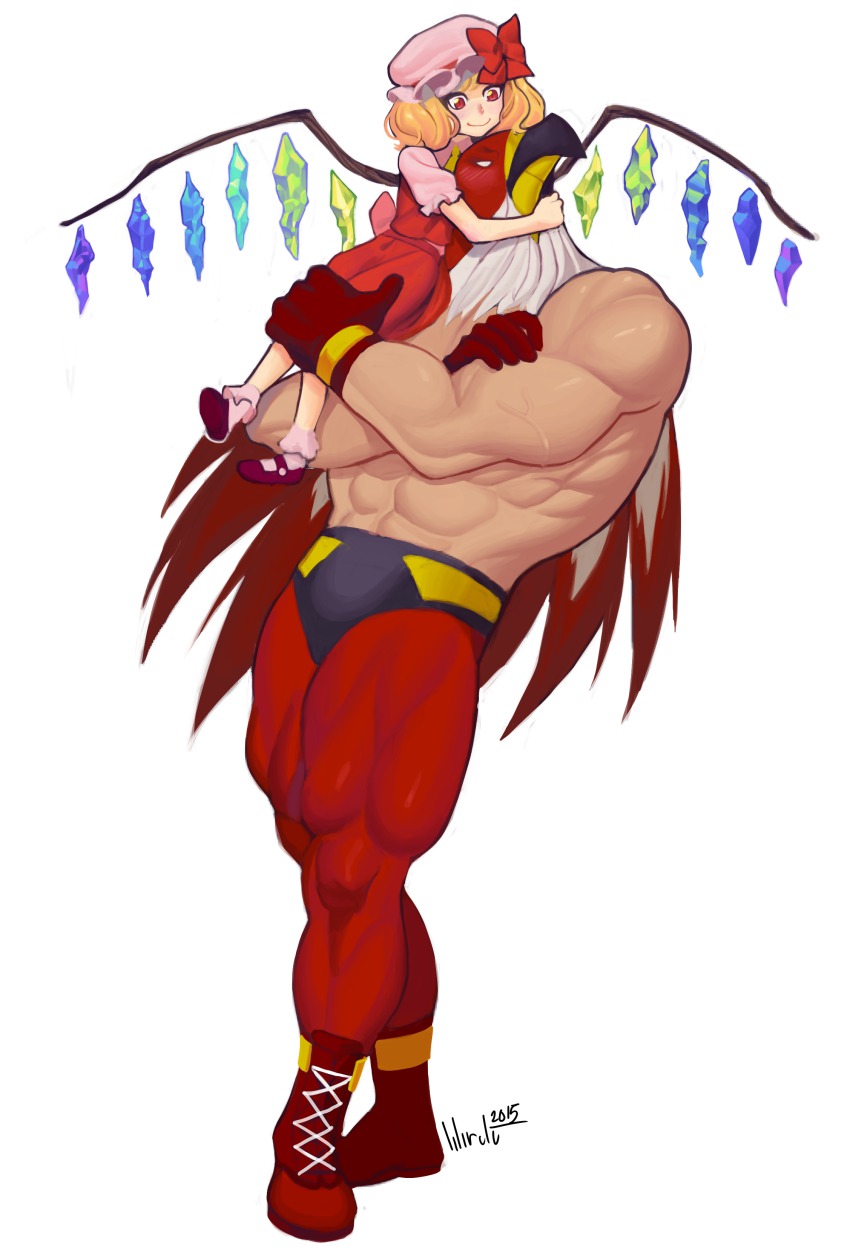 1boy 1girl absurdres ankle_boots arms_around_neck bare_pectorals blonde_hair blush boots bow carrying carrying_over_shoulder crossed_arms crystal dated demon_wings dress fatal_fury flandre_scarlet full_body garou:_mark_of_the_wolves tizoc_(snk) hand_on_another&#039;s_leg hat hetero highres holding_legs hug lilirulu luchador m.u.g.e.n mask mob_cap muscular on_shoulder pectorals red_dress red_eyes red_footwear ribbon shoelaces side_ponytail signature simple_background sitting_on_shoulder smile snk spandex the_king_of_fighters the_king_of_fighters_2003 the_king_of_fighters_xi topless_male touhou vampire white_background wings wrestler wrestling_mask wrestling_outfit