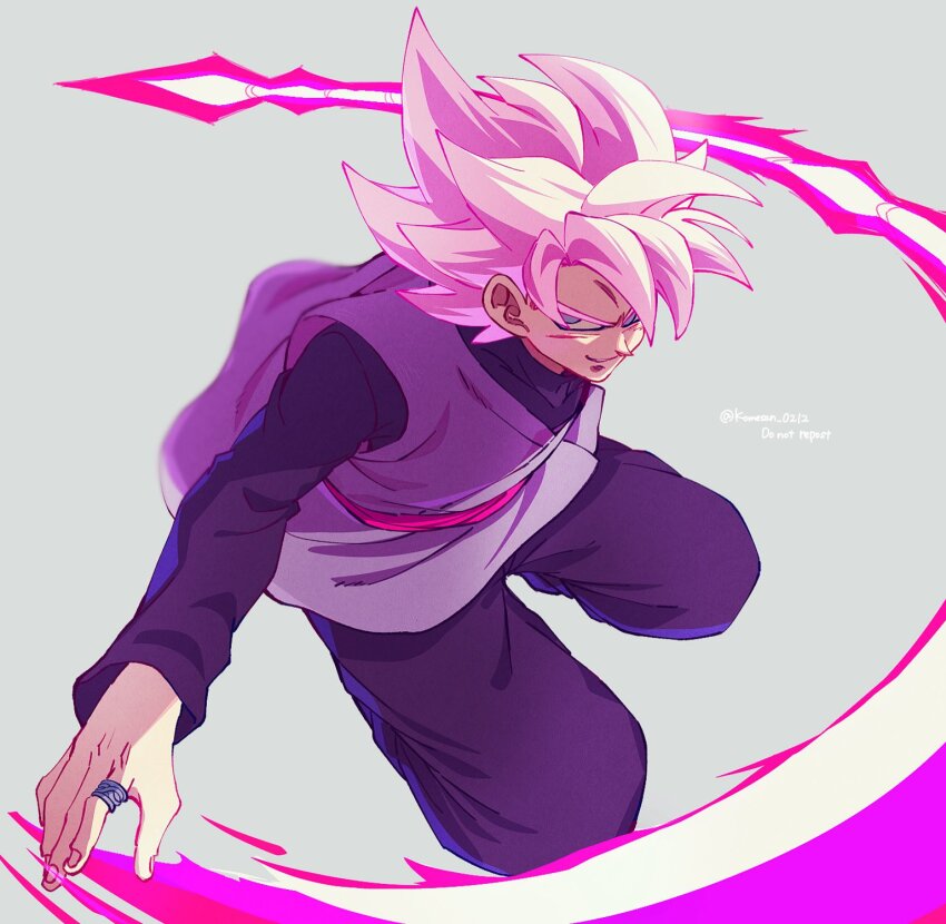 1boy black_pants black_shirt dragon_ball dragon_ball_super energy_blade goku_black grey_background grey_eyes grey_tunic highres holding holding_scythe jewelry komesan_0212 male_focus medium_hair pants pink_eyes red_sash ring sash scythe shirt simple_background solo spiked_hair tunic twitter_username