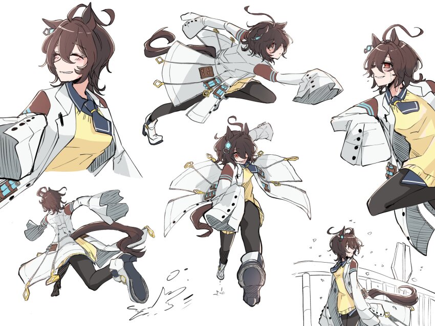 1girl agnes_tachyon_(umamusume) black_necktie black_pantyhose black_shirt boots breasts brown_hair closed_eyes coat collared_shirt cork high_heels highres lab_coat leg_up long_sleeves medium_breasts medium_hair multiple_views necktie open_clothes open_coat pantyhose parted_lips red_eyes shirt shiruko_(oshiruko) short_necktie simple_background sleeves_past_fingers sleeves_past_wrists smile sweater test_tube umamusume white_background white_boots white_coat wide_sleeves wolf_cut yellow_sweater