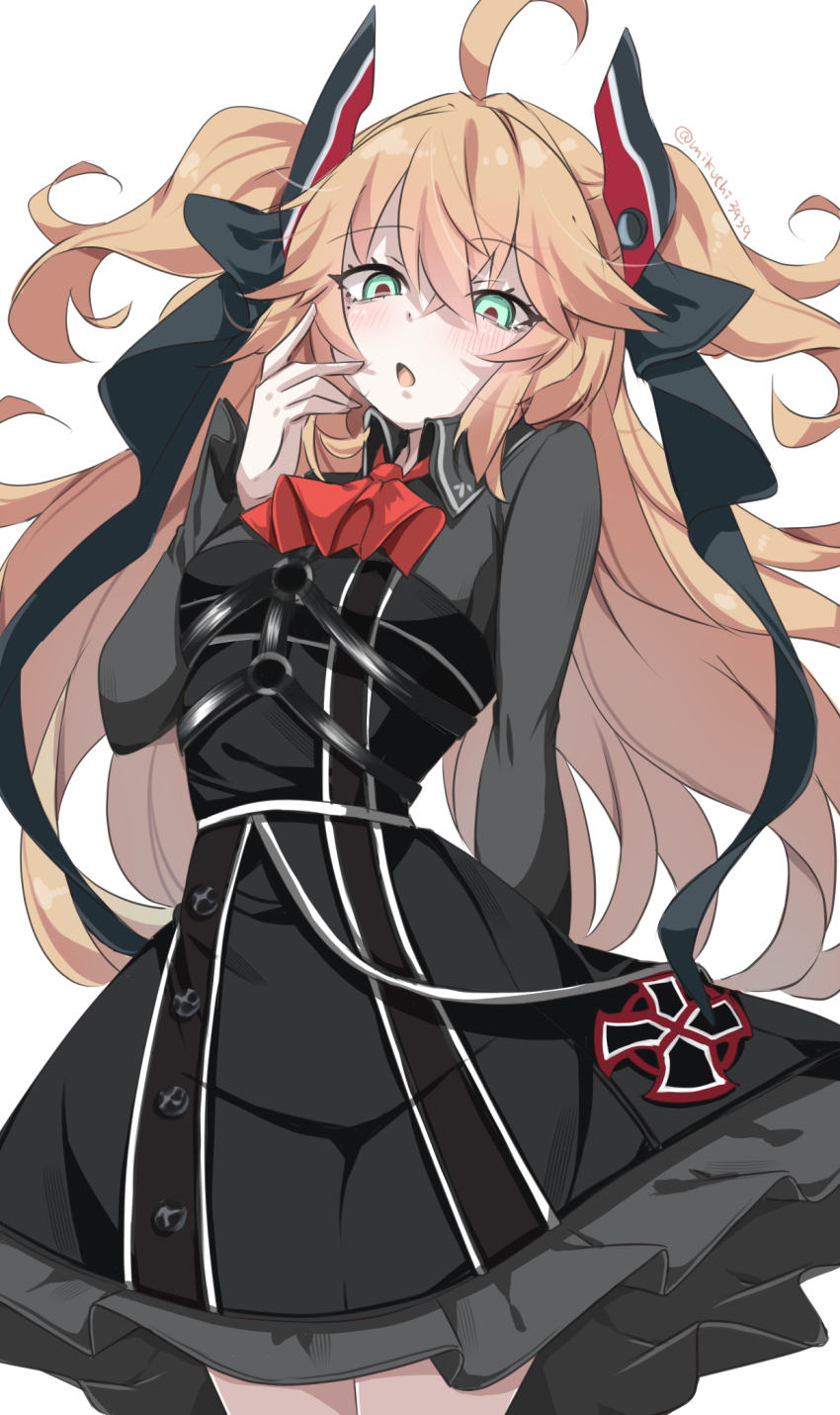 1girl admiral_hipper_(azur_lane) admiral_hipper_(meta)_(azur_lane) ahoge artist_name ascot azur_lane black_dress black_ribbon blonde_hair blush crossed_bangs dress green_eyes hair_ribbon hand_up highres long_hair long_sleeves looking_at_viewer mikuchi3939 mole mole_under_eye open_mouth red_ascot red_pupils ribbon short_dress simple_background solo two_side_up white_background