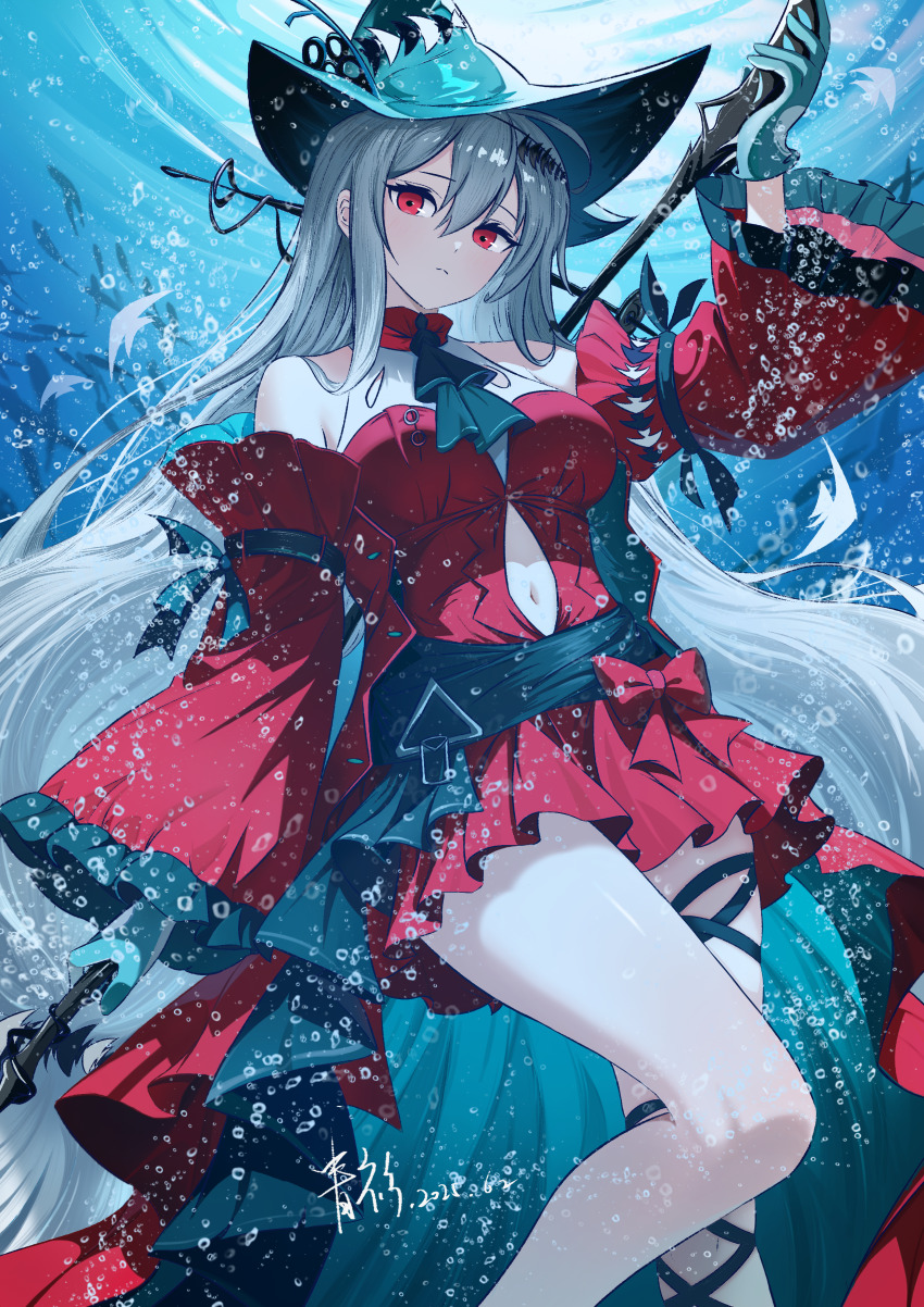 1girl absurdres anglerfish aqua_gloves aqua_hat arknights ascot black_ascot breasts chinese_commentary clothing_cutout commentary dated detached_sleeves dress english_commentary fish gloves grey_hair hat highres holding long_hair medium_breasts mixed-language_commentary navel_cutout parted_lips red_dress red_eyes signature skadi_(arknights) skadi_the_corrupting_heart_(arknights) solo sui_wo_qing_shan_qu very_long_hair