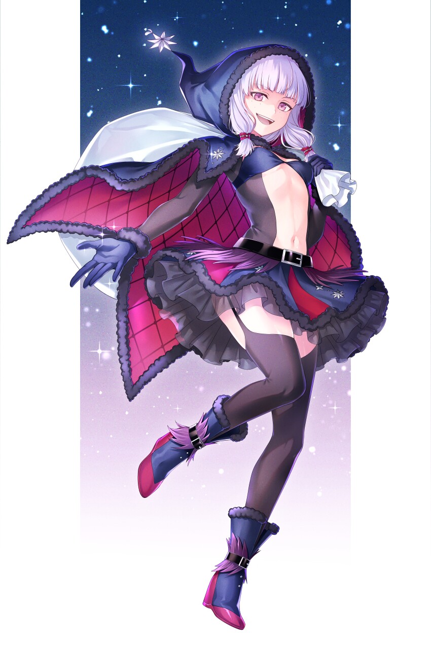 1girl absurdres agria_(black_santa)_(tales) agria_(tales) argyle_cloak belt black_cloak blunt_bangs bodystocking boots christmas cloak clothing_cutout commission e_(eokiba) freckles frills fur-trimmed_boots fur-trimmed_cloak fur-trimmed_gloves fur-trimmed_hood fur_trim gloves hair_rings hat_ornament highres holding holding_sack hood long_hair looking_at_viewer low-tied_sidelocks navel official_alternate_costume purple_eyes sack second-party_source sidelocks skirt smile snow solo star_(symbol) star_hat_ornament stomach tales_of_(series) tales_of_the_rays tales_of_xillia thigh_cutout white_hair