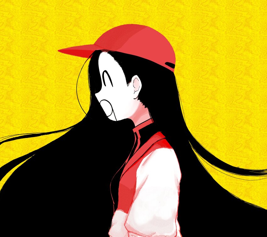 1girl ^_^ ^q^ absurdres angelfaise backwards_hat baseball_cap black_hair black_shirt butcher_vanity_(synthesizer_v) hat highres jacket long_hair long_sleeves looking_to_the_side red_hat shirt simple_background synthesizer_v very_long_hair white_jacket yellow_background yi_xi_(synthesizer_v)