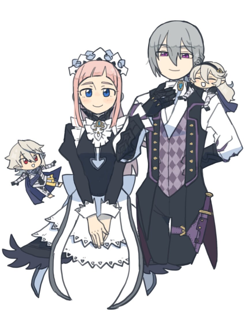 2boys 2girls absurdres apron aristocratic_clothes blue_eyes butler female_corrin_(fire_emblem) male_corrin_(fire_emblem) feather_trim felicia_(fire_emblem) fire_emblem fire_emblem_fates grey_hair highres jakob_(fire_emblem) kita_senju maid maid_apron maid_headdress multiple_boys multiple_girls nintendo pink_hair ponytail tuxedo_shirt