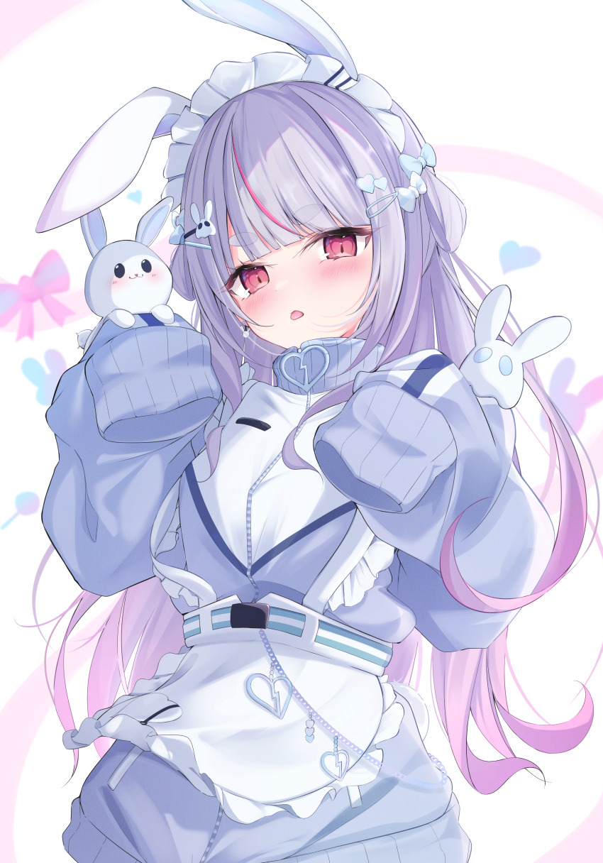 1girl absurdres animal_ears apron belt blue_belt blunt_bangs breasts cattleya_regina_games dress expressionless fake_animal_ears gradient_hair highres jersey_maid kosame_no_yui long_sleeves looking_at_viewer maid maid_headdress multicolored_hair official_alternate_costume pink_eyes pink_hair pink_streaks purple_dress purple_hair rabbit_ears short_eyebrows sleeves_past_fingers sleeves_past_wrists small_breasts solo straight-on streaked_hair stuffed_animal stuffed_rabbit stuffed_toy tongue tongue_out tosaki_mimi tosaki_mimi_(4th_costume) turtleneck turtleneck_dress unconventional_maid upper_body virtual_youtuber vspo! white_apron white_background white_headdress