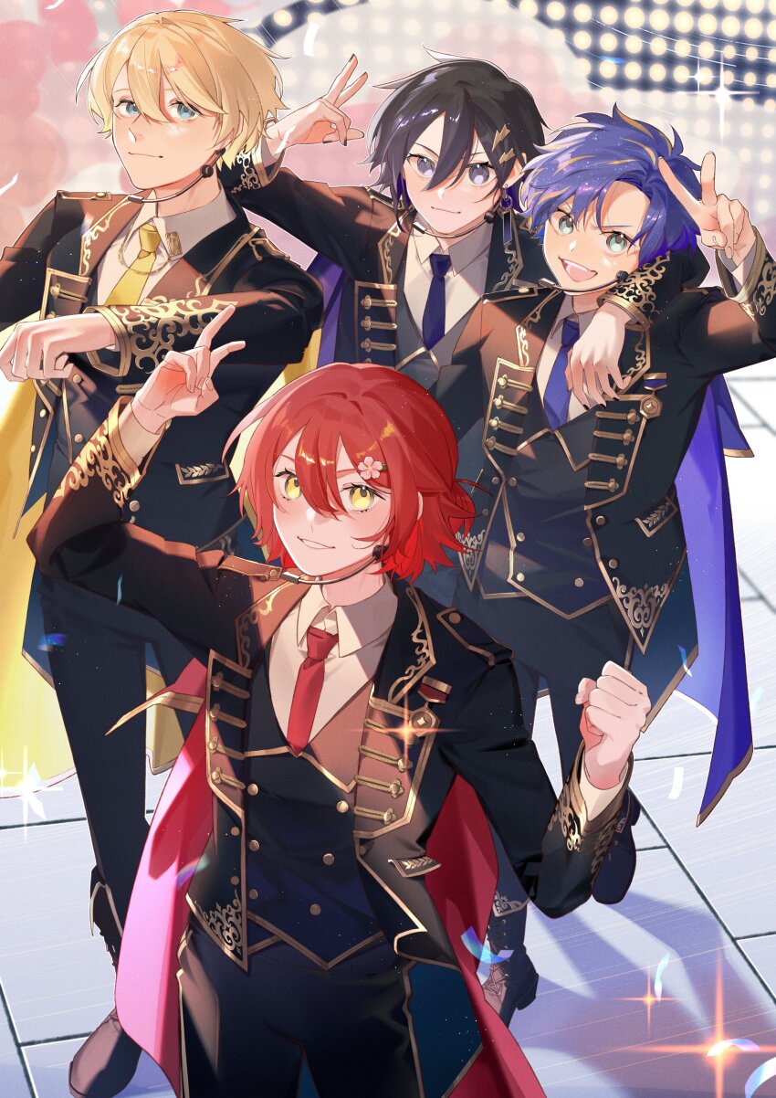&gt;:) 4boys :d absurdres anniversary arm_around_shoulder astel_leda bishounen black_footwear black_hair black_jacket black_pants black_vest blonde_hair blue_cape blue_eyes blue_hair blue_necktie blush boots cape closed_mouth collar_chain_(jewelry) collared_shirt cowboy_shot curtained_hair dated_commentary eyelashes fist_pump flower full_body gloves gold_trim green_eyes hair_between_eyes hair_flower hair_ornament half_updo hanasaki_miyabi hands_up happy headpiece highres holostars holostars_idol_uniform_(2nd_act) idol idol_clothes jacket juu_(45_jujut) kanade_izuru kishido_temma lace-up_boots lapels lightning_bolt lightning_bolt_hair_ornament lightning_bolt_symbol long_sleeves looking_at_viewer male_focus medal mouthpiece multicolored_hair multiple_boys necktie notched_lapels official_alternate_costume open_mouth pants purple_eyes red_cape red_hair red_necktie shirt short_hair slit_pupils smile sparkle standing star_(symbol) teeth two-tone_hair upper_teeth_only v v-shaped_eyebrows vest virtual_youtuber walking white_shirt yellow_cape yellow_eyes yellow_necktie