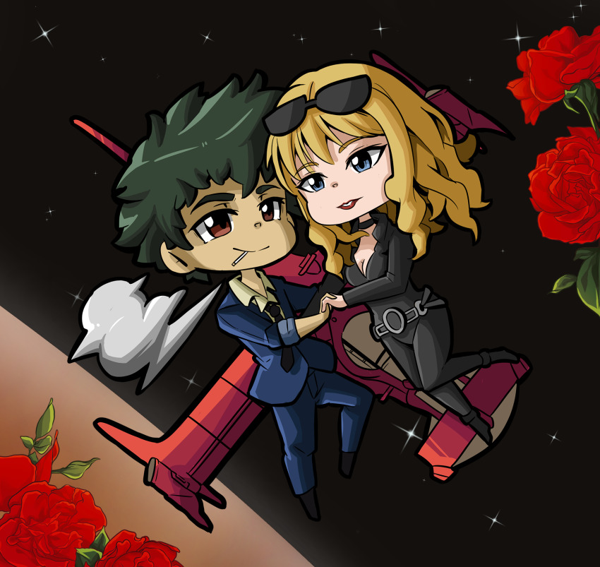 blonde_hair blue_eyes brown_eyes catsuit chibi chibigenix cowboy_bebop curly_hair fish flower formal_clothes green_hair highres julia_(cowboy_bebop) mars_(planet) rose sky space spaceship spike_spiegel star_(sky) starry_sky suit swordfish