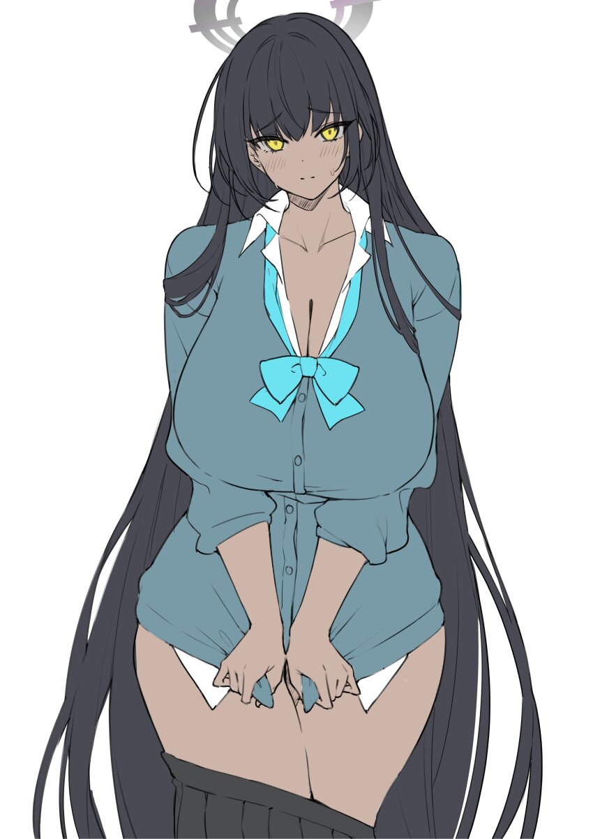 1girl absurdres black_hair black_skirt blue_archive blue_bow blue_bowtie blue_cardigan blush bow bowtie breasts cardigan clothes_pull collarbone collared_shirt commentary_request dark-skinned_female dark_skin furrowed_brow hair_between_eyes halo highres huge_breasts karin_(blue_archive) karin_(school_uniform)_(blue_archive) long_hair looking_at_viewer loose_bowtie official_alternate_costume pleated_skirt pulling_own_clothes purple_halo school_uniform shirt shirt_pull simple_background skirt skirt_pull sleeves_rolled_up solo sweatdrop thighs very_long_hair white_background white_shirt yamanokami_eaka yellow_eyes