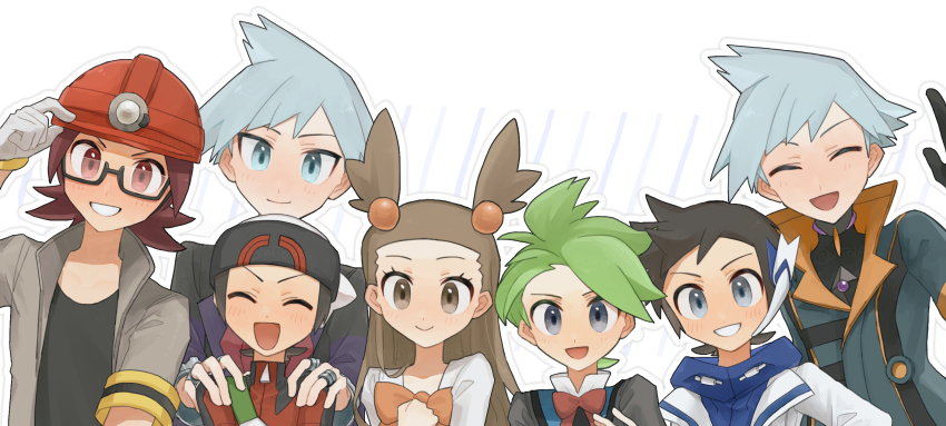 1girl 6+boys :d ^_^ alternate_costume black-framed_eyewear black_shirt blue_eyes blue_hair blue_jacket blue_shirt blush bow bowtie brendan_(pokemon) brendan_(sygna_suit)_(pokemon) brown_eyes brown_hair closed_eyes commentary_request earpiece glasses gloves green_hair grey_eyes grey_jacket grin hair_bobbles hair_ornament hand_on_another&#039;s_shoulder hand_on_headwear hand_up hat helmet highres jacket jasmine_(pokemon) jewelry light_blue_hair long_hair looking_at_viewer male_focus mio14s multiple_boys multiple_rings nintendo official_alternate_costume open_mouth orange_bow pokemon pokemon_dppt pokemon_hgss pokemon_masters_ex pokemon_oras red_bow red_bowtie red_eyes red_hair red_helmet red_shirt ring roark_(pokemon) shirt short_hair short_sleeves smile steven_stone steven_stone_(sygna_suit) two_side_up wally_(pokemon) wally_(sygna_suit)_(pokemon) white_gloves white_jacket