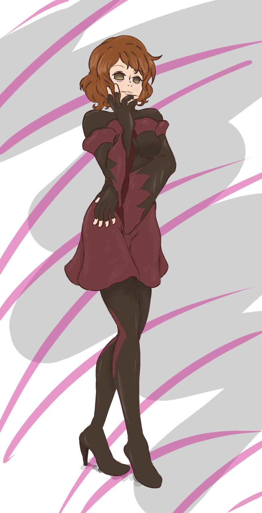 bad_end_precure bodysuit breasts brown_eyes brown_hair brown_skirt corruption cosplay elly_snail empty_eyes hibike!_euphonium high_heels highres latex latex_bodysuit medium_breasts oumae_kumiko short_hair skirt smug wavy_hair