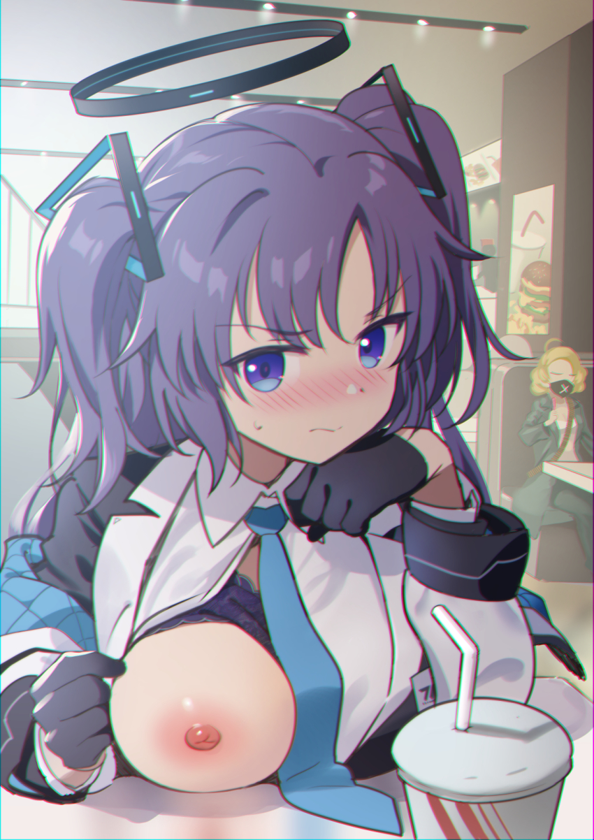 1girl andou_shuki black_gloves blouse blue_archive blue_eyes blue_neckwear blush bra breasts cup drinking_straw exhibitionism flashing gloves hair_ornament halo highres jacket large_breasts long_hair looking_at_viewer necktie nipples nude off_shoulder one_breast_out oppai_challenge presenting_breasts public_indecency purple_bra purple_hair shirt solo_focus twintails underwear v-shaped_eyebrows white_jacket white_shirt yuuka_(blue_archive)