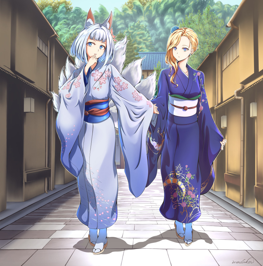 2girls ? absurdres alcohol animal_ear_fluff animal_ears architecture artist_name azur_lane blonde_hair blue_eyes blue_kimono city commentary_request east_asian_architecture food fox_ears fox_tail full_body geta highres hood_(azur_lane) hood_(porcelain_grace)_(azur_lane) japanese_clothes kaga_(azur_lane) kaga_(gentle_blossom&#039;s_sigh)_(azur_lane) kimono kitsune kyuubi long_sleeves looking_at_another madakov_kodima multiple_girls multiple_tails obi obiage obijime official_alternate_costume pigeon-toed sandals sash short_hair signature speech_bubble spoken_question_mark swept_bangs tabi tail wagashi walking white_hair wide_sleeves zouri
