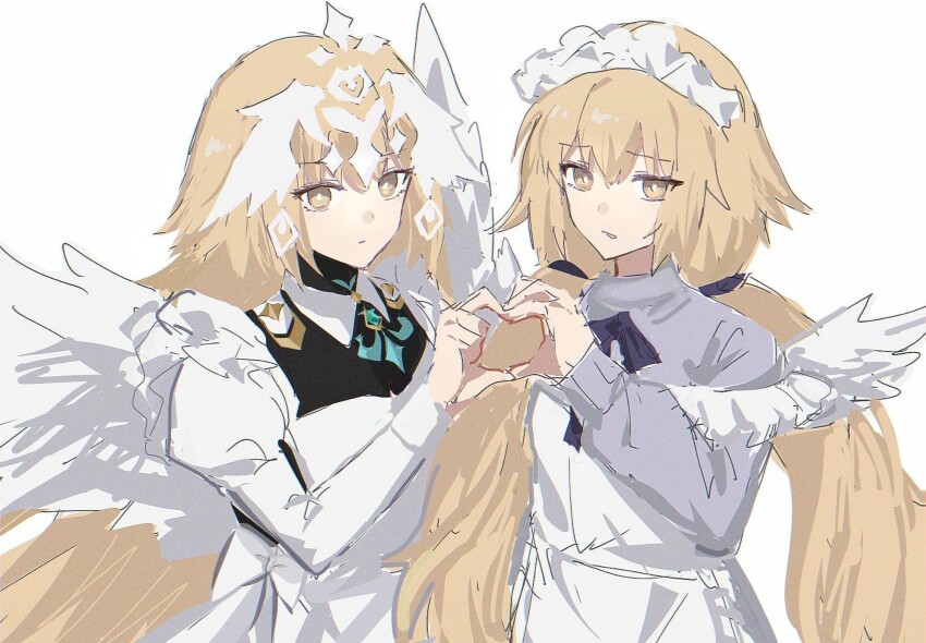 2girls angel_wings blonde_hair closed_mouth commentary_request dress dual_persona expressionless fate/grand_order fate_(series) feathered_wings hair_between_eyes heart heart_hands heart_hands_duo highres jeanne_d&#039;arc_(fate) juliet_sleeves long_hair long_sleeves looking_at_viewer metatron_jeanne_(fate) metatron_jeanne_(second_ascension)_(fate) metatron_jeanne_(third_ascension)_(fate) multiple_girls nekwnek puffy_sleeves simple_background twintails very_long_hair white_background white_dress white_wings wings yellow_eyes