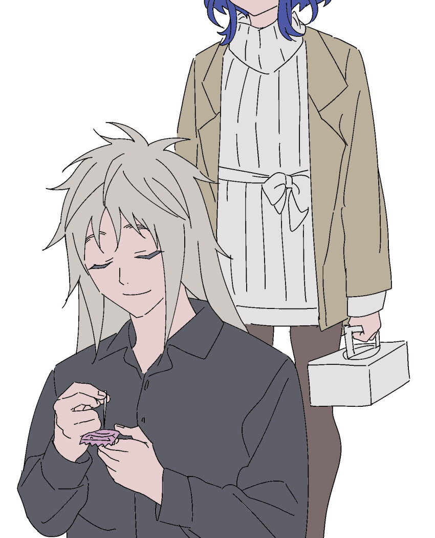 1boy 1girl bad_id bad_twitter_id black_shirt blue_hair box brown_jacket brown_pants closed_eyes closed_mouth collared_shirt condom condom_wrapper facing_viewer grey_hair head_out_of_frame highres holding holding_box holding_condom holding_needle jacket king_of_prism king_of_prism_by_prettyrhythm long_hair long_sleeves needle pants pretty_rhythm pretty_series rinne_(pretty_rhythm) sabotaged_condom shine_(pretty_series) shirt short_hair simple_background smile standing sweater turtleneck turtleneck_sweater white_background white_sweater zashima