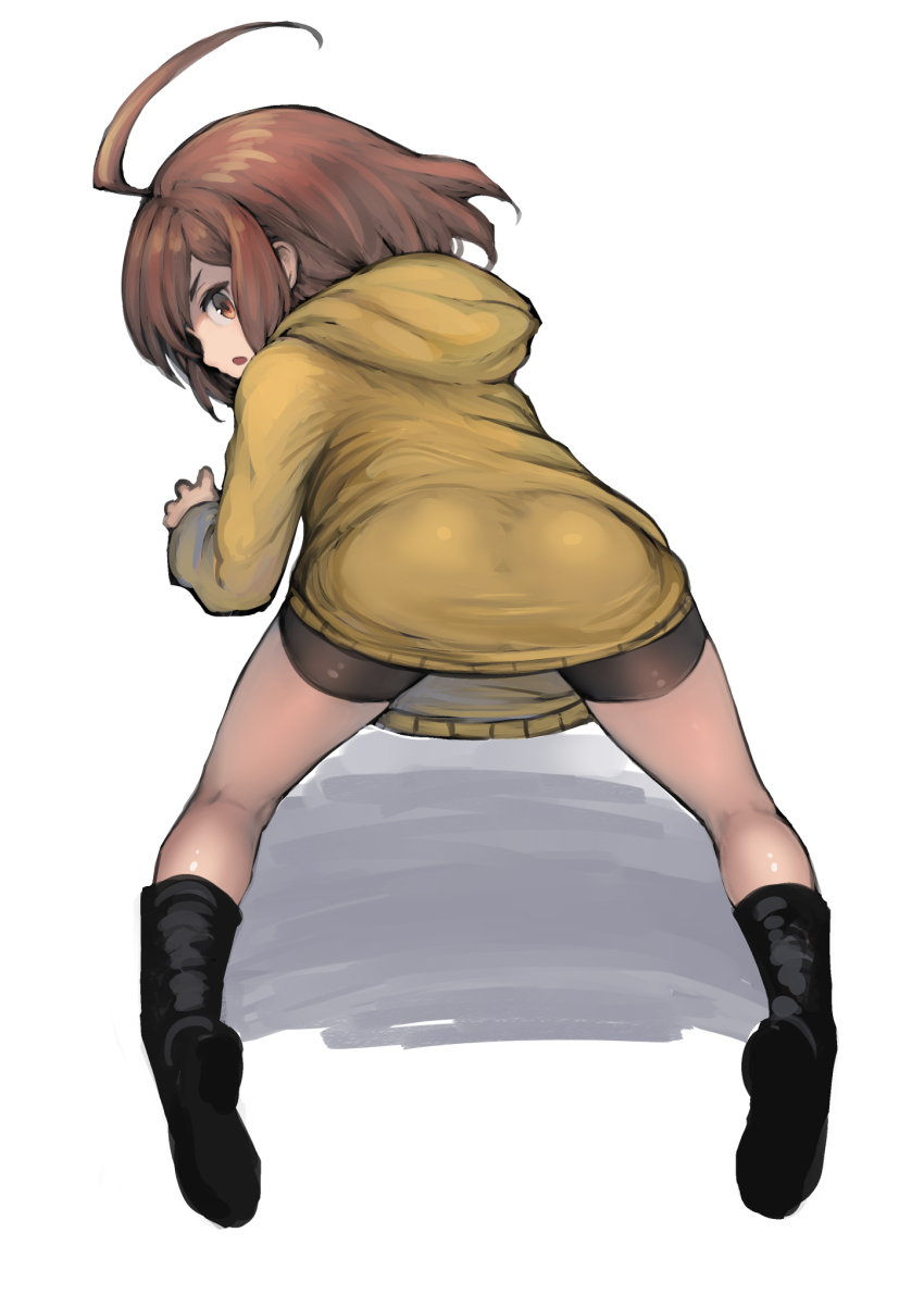 1girl ahoge ass bike_shorts black_boots boots brown_eyes brown_hair from_behind highres hood hoodie johan_(johan13) linne_(under_night_in-birth) short_hair solo tagme under_night_in-birth