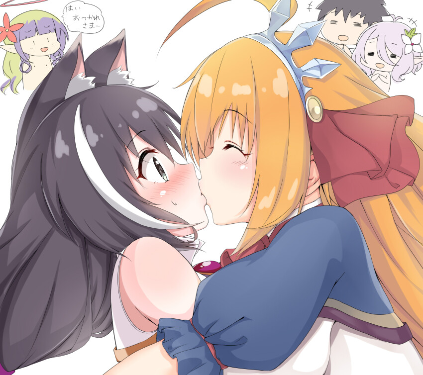 +++ 1boy 4girls =_= ahoge ameth_(princess_connect!) animal_ear_fluff animal_ears anniversary aono_(f_i_s) bare_shoulders black_hair blunt_bangs blush cat_ears cat_girl chibi chibi_inset closed_eyes commentary_request copyright_name elf flower gourmet_guild_(princess_connect!) green_hair hair_between_eyes hair_flower hair_ornament hair_ribbon halo heart highres karyl_(princess_connect!) kiss kokkoro_(princess_connect!) looking_at_another multicolored_hair multiple_girls orange_hair own_hands_together partial_commentary pecorine_(princess_connect!) pink_hair pointy_ears princess_connect! profile puffy_short_sleeves puffy_sleeves purple_hair red_flower red_ribbon ribbon short_sleeves sleeveless streaked_hair textless_version tiara two-tone_hair upper_body white_background white_flower white_hair wide-eyed yuri yuuki_(princess_connect!) |_|