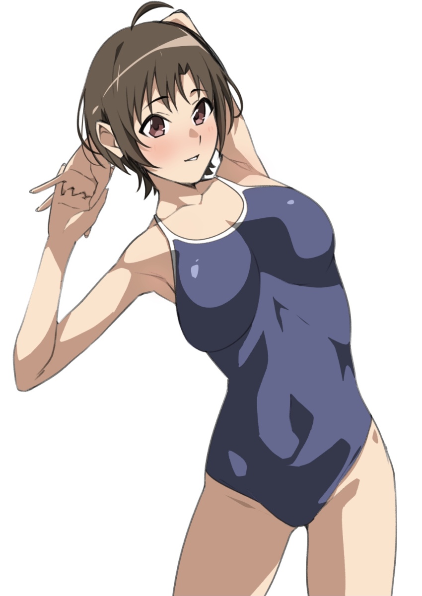 1girl ahoge blue_one-piece_swimsuit breasts brown_eyes brown_hair competition_school_swimsuit covered_navel cowboy_shot groin highres medium_breasts monya_monya_(tmsc7752) one-piece_swimsuit original own_hands_clasped own_hands_together school_swimsuit short_hair simple_background solo stretching swimsuit white_background