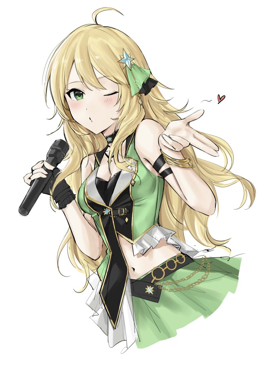 1girl absurdres aburi-gatana ahoge belt black_belt black_choker blonde_hair blowing_kiss chain choker commentary_request cropped_legs fingerless_gloves gloves green_eyes green_skirt hair_ornament heart highres holding holding_microphone hoshii_miki idolmaster idolmaster_(classic) long_hair microphone navel one_eye_closed puckered_lips simple_background single_glove skirt sleeveless solo star_(symbol) star_hair_ornament white_background