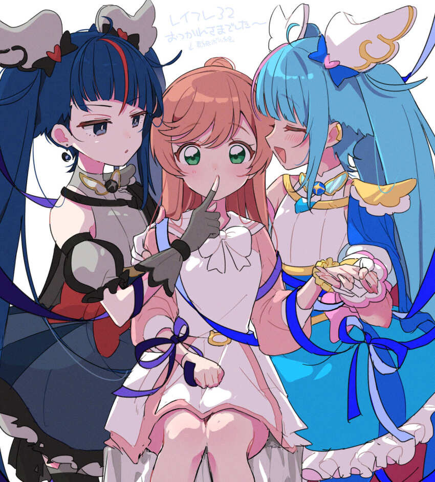 3girls asymmetrical_bangs black_dress blue_dress blue_eyes blue_hair bow brooch cape cure_sky cure_sky_(dark) detached_sleeves dress earrings finger_to_mouth fingerless_gloves gloves green_eyes hair_bow hair_ornament heart heart_brooch highres hirogaru_sky!_precure holding_hands izumi_kirifu jewelry jitome long_hair long_sleeves looking_at_another magical_girl multicolored_hair multiple_girls nijigaoka_mashiro pink_hair precure puffy_short_sleeves puffy_sleeves red_hair ribbon short_sleeves shushing simple_background single_shoulder_pad sora_harewataru twintails two-tone_hair white_background wing_hair_ornament yuri
