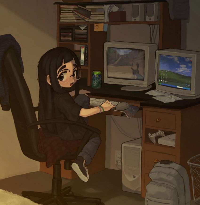 1girl 2000s 482egg backpack bag binder black-framed_eyewear black_hair black_shirt bliss_(image) blue_pants book bookmark bookshelf box bracelet brand_name_imitation cable can cardboard_box carpet cd_case chair commission computer computer_keyboard computer_mouse computer_tower counter-strike counter-strike_(series) crt desk desktop_(computing) drink_can electric_plug electrical_outlet eyelashes fang full_body game_console glasses grey_pants half-life highres indoors jewelry knee_up logo looking_at_viewer looking_back matching_hair/eyes microsoft_windows monitor mousepad_(object) office_chair on_chair ookami_(game) open_mouth original pants paper photo_inset playing_games playstation_1 playstation_controller shelf shirt shoelaces shoes short_sleeves sitting sneakers soda_can solo speaker sprite_(drink) striped_clothes striped_sweater sweater swivel_chair tareme thick_eyebrows trash_can unworn_clothes unworn_sweater windows_xp