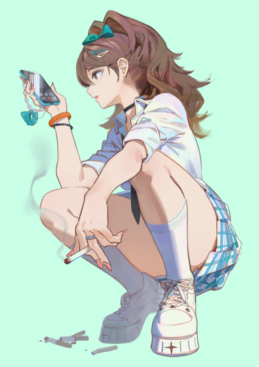 1girl absurdres ankle_socks brown_eyes brown_hair character_request choker cigarette collar copyright_request ddal green_background green_ribbon highres long_hair looking_at_object necktie phone pleated_skirt ribbon shirt shoes sitting skirt smoking sneakers socks white_shirt