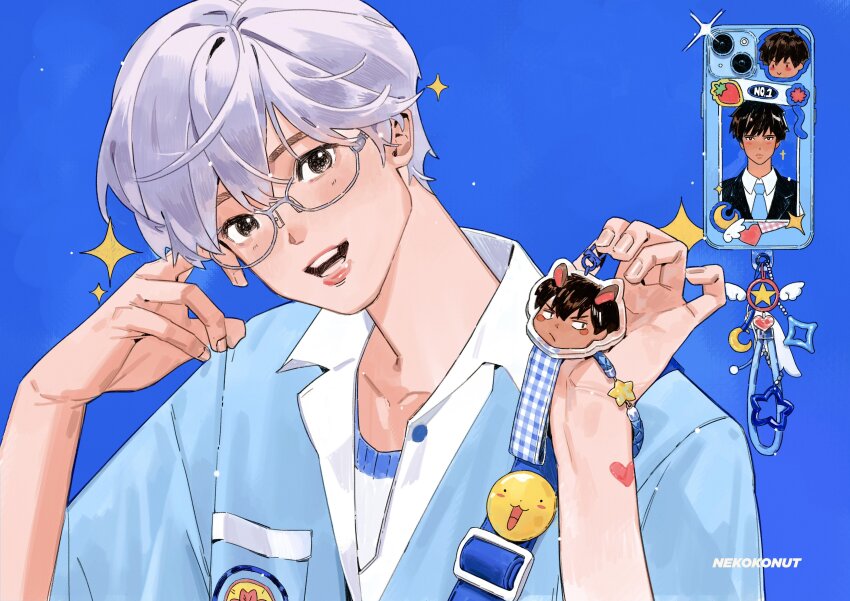 2boys absurdres artist_name bag blue_background blue_shirt blue_theme brown_eyes brown_hair cardcaptor_sakura cellphone charm_(object) collared_shirt commentary crescent english_commentary food fruit glasses grey_hair hand_on_own_face heart highres holding implied_yaoi jacket kinomoto_touya light_blush looking_at_viewer male_focus multiple_boys necktie nekokonut22 open_mouth phone school_uniform shirt short_hair smartphone smartphone_case smile sparkle sticker strawberry tomoeda_high_school_uniform tsukishiro_yukito