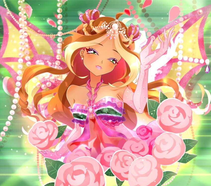 1girl bad_id bad_twitter_id bare_shoulders beads blonde_hair braid brown_hair chocofish circlet collarbone commentary cropped_torso dark-skinned_female dark_skin double_bun dress earrings elbow_gloves enchantix english_commentary expressionless eyelashes eyeshadow fairy fairy_wings flora_(winx_club) flower gloves green_background green_eyes hair_beads hair_bun hair_ornament half-closed_eyes half_up_braid halter_dress halterneck hand_up head_tilt highres jewelry leaf light_blush light_particles lipstick long_hair magical_girl makeup multicolored_hair multiple_braids parted_lips pink_dress pink_eyeshadow pink_flower pink_gloves pink_lips pink_rose ringlets rose solo sparkle sphere_earrings streaked_hair teeth two-tone_hair very_long_hair wings winx_club yellow_wings