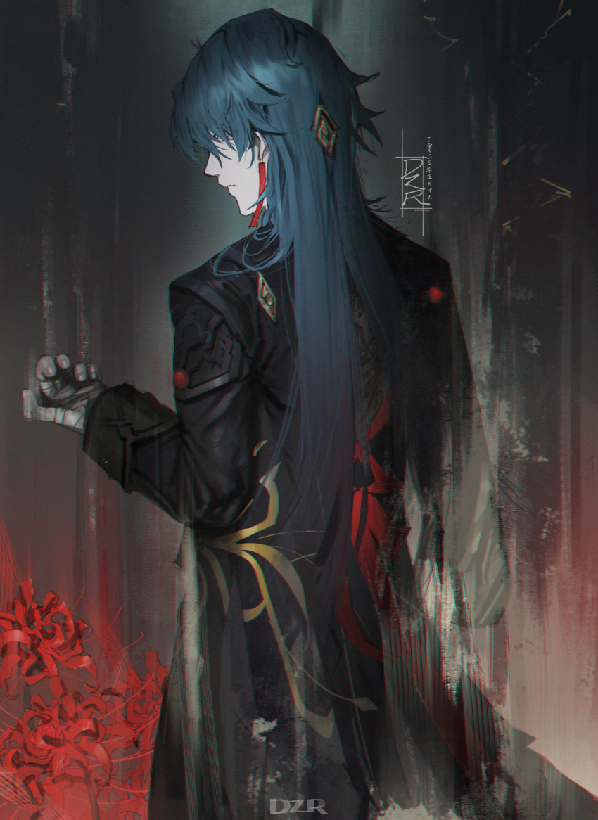 1boy absurdres artist_name bandaged_fingers bandaged_hand bandages black_coat black_hair blade_(honkai:_star_rail) chinese_clothes closed_mouth coat commentary cowboy_shot danzir earrings flower from_behind hair_over_eyes hand_up highres honkai:_star_rail honkai_(series) jewelry long_hair looking_to_the_side male_focus red_ribbon ribbon signature solo spider_lily standing
