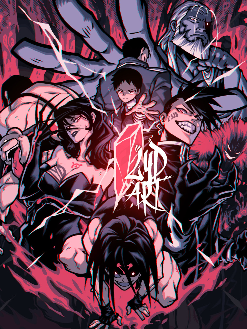 1girl 6+boys amestris_military_uniform artist_name back beard black_hair black_lips chest_tattoo closed_mouth commentary commission demon dress dual_persona elbow_gloves english_commentary envy_(fma) evil_smile facial_hair fingerless_gloves fingernails fullmetal_alchemist gloves gluttony_(fma) greed_(fma) highres king_bradley ling_yao long_fingernails long_hair looking_at_viewer lust_(fma) lydart_mclo multiple_boys philosopher&#039;s_stone pride_(fma) selim_bradley sharp_fingernails short_hair sloth_(fma) smile squatting strapless strapless_dress tattoo teeth tongue tongue_out van_hohenheim wrath_(fma)