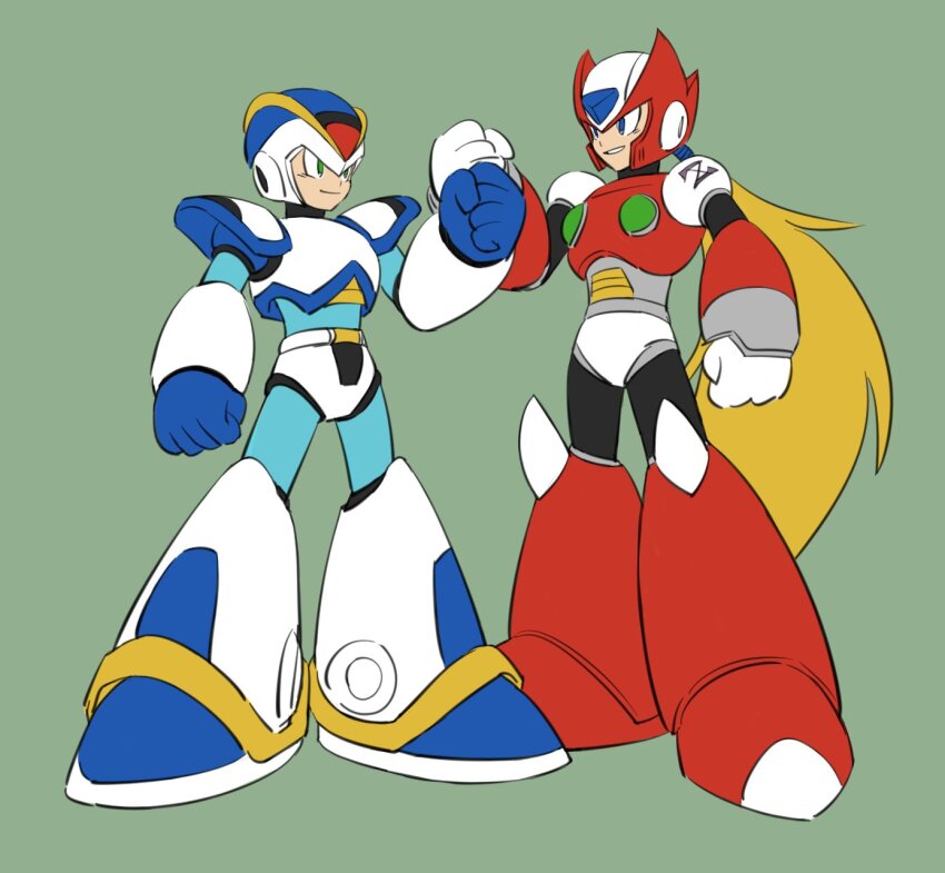 2boys android armor arms_up blonde_hair blue_eyes blue_gloves chest_jewel clenched_hands clenched_teeth closed_mouth first_armor_x_(mega_man) forehead_jewel full_body gloves green_background green_eyes helmet highres jewelry long_hair looking_at_another maeeeeeeeeng mega_man_(series) mega_man_x1 mega_man_x_(series) multiple_boys ponytail red_armor red_helmet robot robot_ears shoulder_armor simple_background standing teeth very_long_hair white_armor white_gloves white_helmet x_(mega_man) zero_(mega_man)