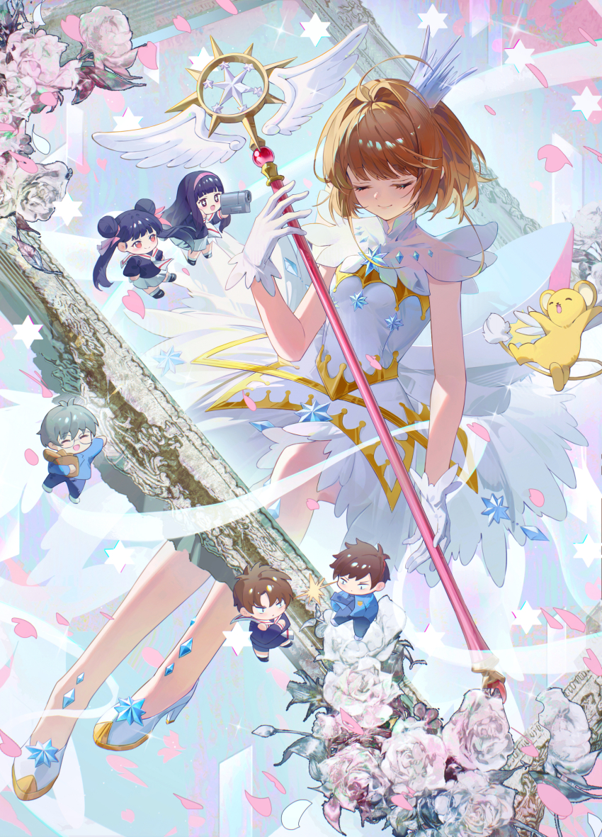 1girl absurdres angel_wings brown_hair cardcaptor_sakura chibi closed_eyes crown daidouji_tomoyo flower flying hair_ornament highres holding holding_staff kero_(cardcaptor_sakura) kinomoto_sakura kinomoto_touya li_meiling li_syaoran magical_girl picture_frame shoes smile staff tsukishiro_yukito wang_man wings