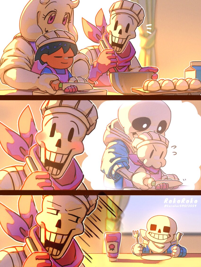 1girl 1other 2boys apron artist_name black_hair blue_jacket blue_shirt brothers chef_hat child cooking dress fork frisk_(undertale) gloves goat_girl goat_horns hat highres holding holding_fork holding_knife holding_spoon horns jacket ketchup_bottle knife korokor59513559 looking_at_another memories multiple_boys papyrus_(undertale) purple_apron red_apron red_gloves red_scarf sans_(undertale) scarf shirt short_hair siblings skeleton smile spoon teeth toriel twitter_username undertale white_dress