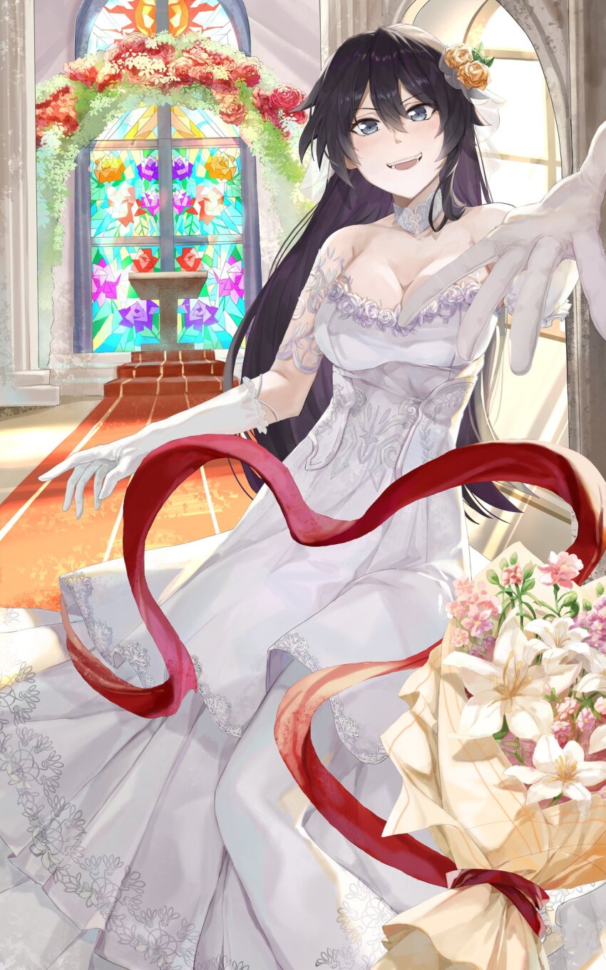 1girl :d alternate_costume bambietta_basterbine bare_shoulders black_hair bleach bleach:_sennen_kessen-hen blue_eyes bouquet bouquet_toss breasts bride choker church cleavage collarbone commentary day deadman70232800 double-parted_bangs dress elbow_gloves english_commentary floral_print floral_print_dress flower full_body gloves hair_between_eyes hair_flower hair_ornament happy heart heart_of_string highres indoors large_breasts light_blush long_dress long_hair looking_at_viewer no_headwear open_mouth orange_flower orange_rose outstretched_hand print_dress quincy_(bleach) red_flower red_ribbon red_rose ribbon rose rose_print smile solo stained_glass standing strapless strapless_dress sun_print sunlight teeth v-shaped_eyebrows very_long_hair wedding wedding_dress white_choker white_dress white_flower white_gloves window