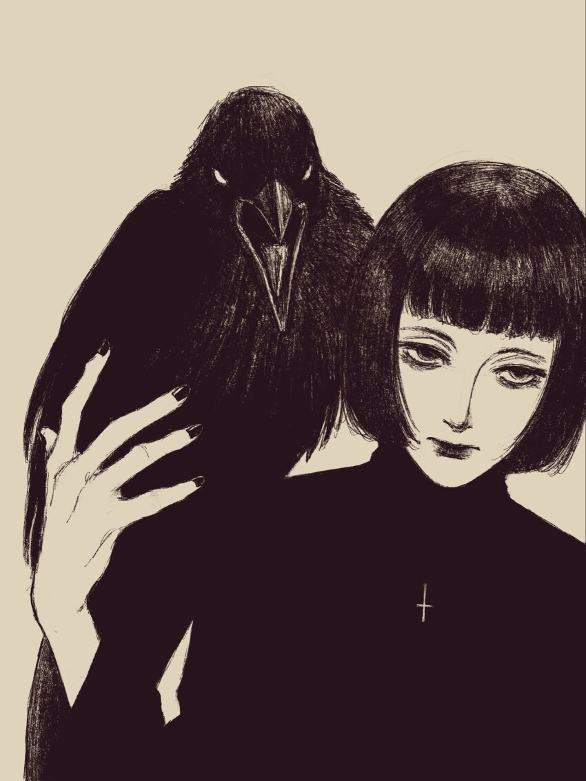 1girl animal animal_on_shoulder bird black_hair black_outline bob_cut cross cross_necklace crow highres jewelry long_hair long_sleeves looking_at_viewer necklace open_mouth original outline short_hair tp_p_pt