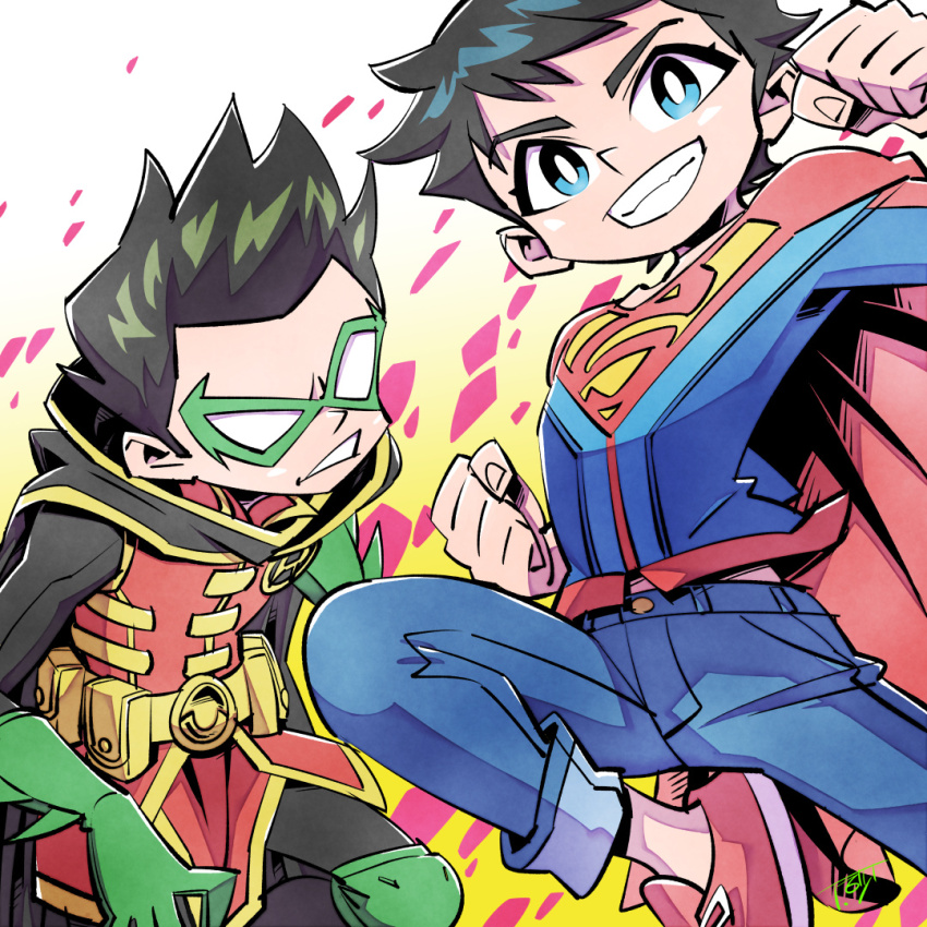 2boys abstract_background batman_(series) belt black_hair blue_eyes blue_pants cape child clenched_hand damian_wayne dc_comics denim eye_mask gloves gradient_background green_gloves hood hood_down hooded_cape jeans jonathan_kent knee_pads looking_at_viewer male_focus multiple_boys pants red_cape red_footwear robin_(dc) signature smile spiked_hair sunafuki_tabito super_sons superboy superhero_costume superman_(series) superman_logo utility_belt