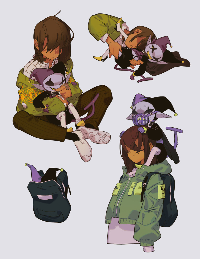 1boy 1other allhailjotman backpack bag bandaid bandaid_on_hand bite_mark_on_hand black_bag black_cape black_hat black_shorts brown_hair brown_pants cape cardigan carrying closed_mouth clown clown_boy collared_shirt colored_skin cropped_torso deltarune fingernails frown full_body gloves green_cardigan grey_background grey_skin grin hat high_heels highres hollow_eyes hood hood_down hooded_cardigan jester jester_boy jester_cap jevil knees_apart_feet_together kris_(deltarune) long_sleeves looking_at_another medium_hair pants pointy_ears puffy_long_sleeves puffy_sleeves purple_gloves purple_hat purple_tail scar_across_eyes sharp_teeth shirt shoes shorts shoulder_carry simple_background sitting sleeves_past_wrists smile socks striped_clothes striped_pants suspenders sweat tail teeth two-tone_headwear vertical-striped_clothes vertical-striped_pants white_footwear white_shirt white_socks yellow_eyes yellow_shoes yellow_teeth