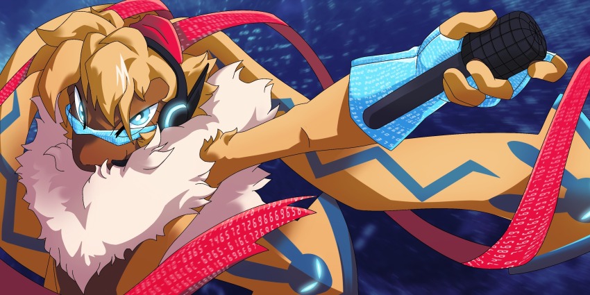 absurdres blue_eyes digimon digimon_(creature) highres looking_at_viewer microphone oridigi original solo sunglasses symbareangoramon