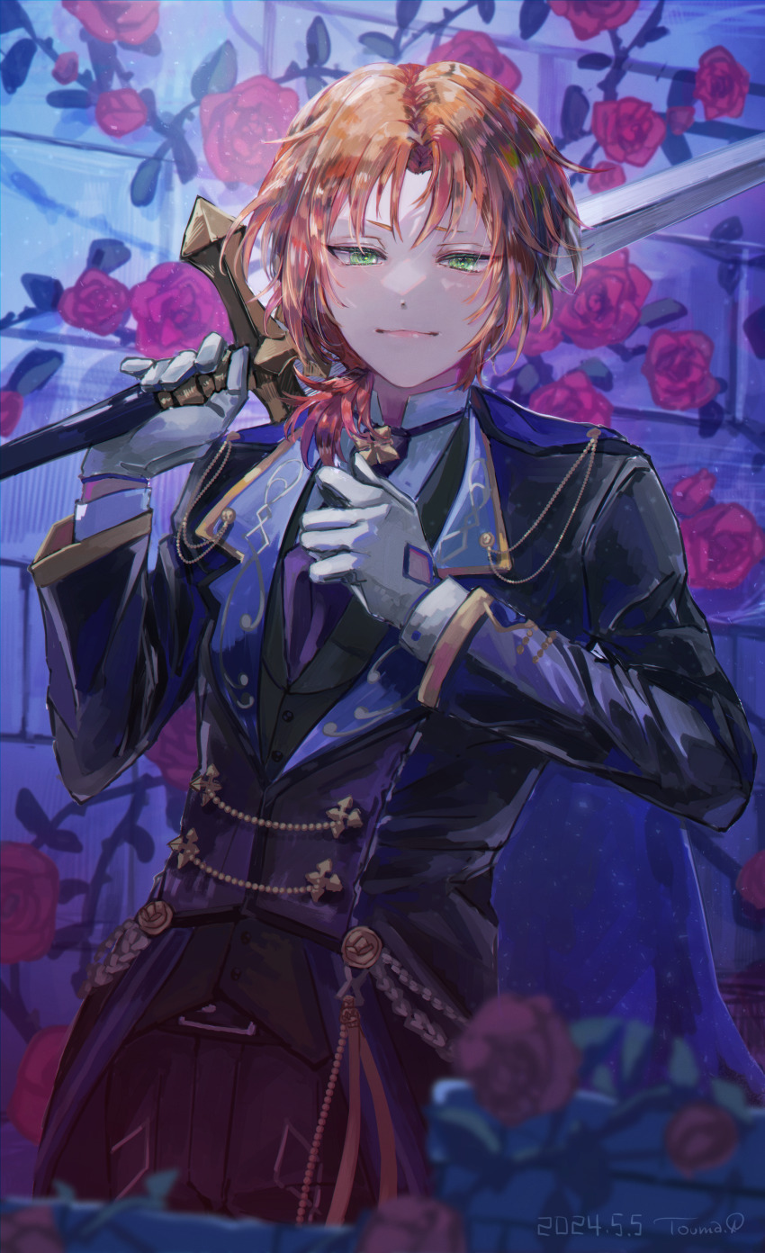 1boy absurdres black_jacket blurry blurry_foreground brooch ensemble_stars! facing_viewer flower glove_cutout gloves green_eyes hair_between_eyes highres holding holding_sword holding_weapon jacket jewelry long_hair looking_at_viewer orange_hair parted_bangs red_flower red_rose rose side_ponytail solo sword toumanura tsukinaga_leo weapon white_gloves