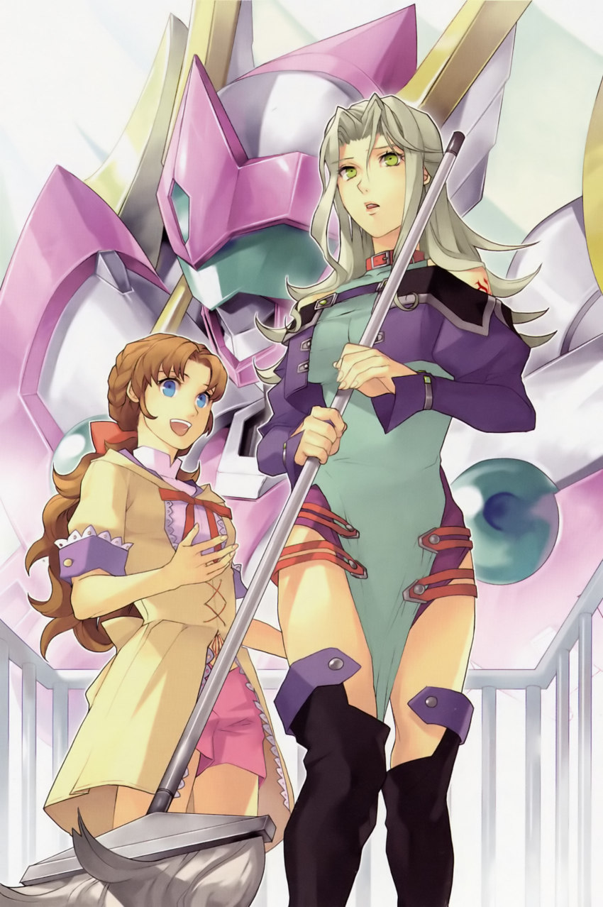 2girls absurdres android angelg banpresto belt blue_eyes boots brown_hair collar green_eyes green_hair highres knee_boots lamia_loveless long_hair mecha mop multiple_girls ponytail ribbon robot skirt super_robot_wars super_robot_wars_original_generation tattoo tsugumi_takakura yuikawa_kazuno
