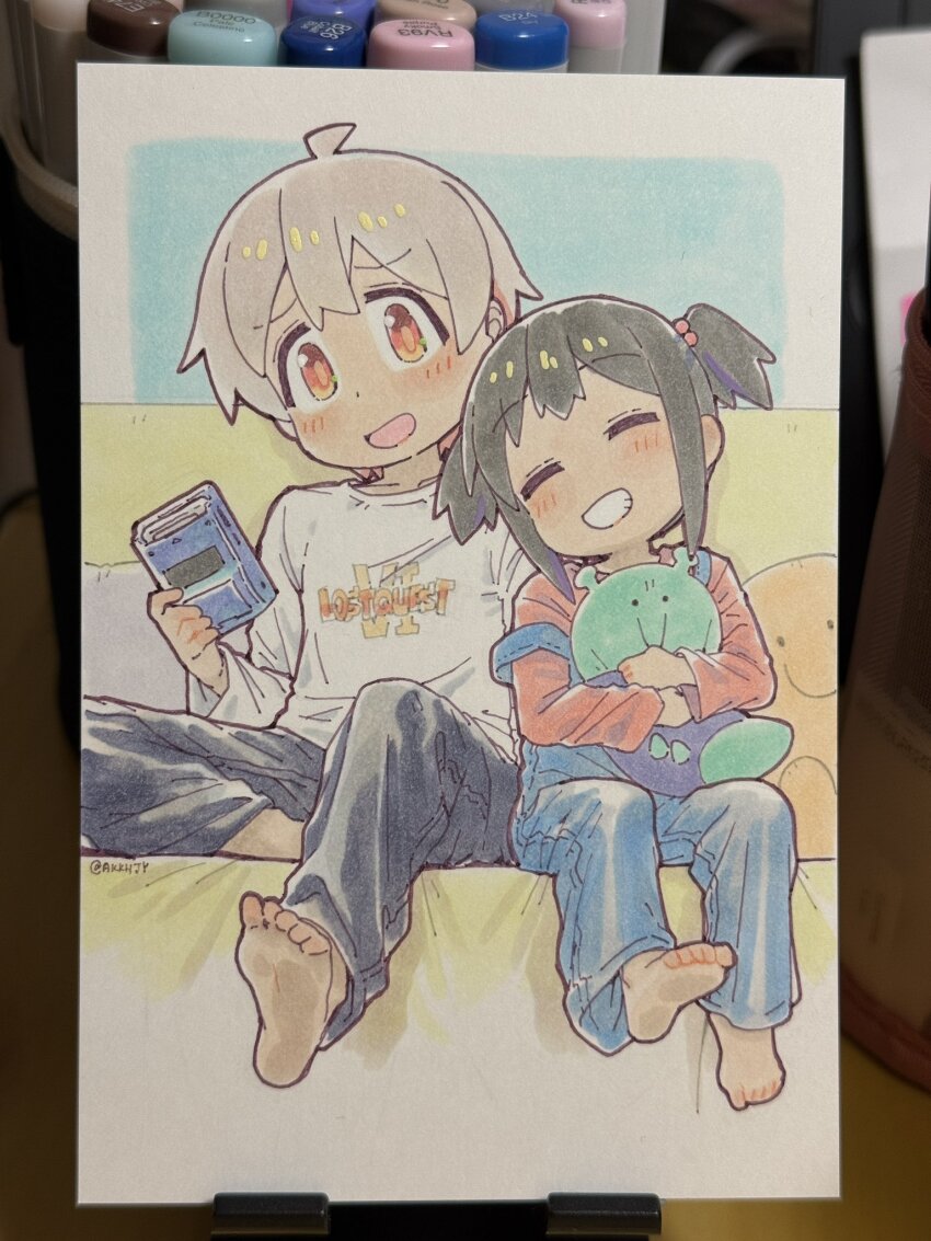 1boy 1girl :d aged_down ahoge art_tools_in_frame artist_name barefoot black_hair black_pants blue_overalls blush brother_and_sister brown_eyes c: child clothes_writing commentary feet grey_hair grin hair_bobbles hair_ornament handheld_game_console happy highres holding holding_handheld_game_console holding_stuffed_toy long_sleeves looking_at_viewer matado_(almukha) onii-chan_wa_oshimai! open_mouth overalls oyama_mahiro_(male) oyama_mihari pants photo_(medium) red_shirt shirt short_hair short_twintails siblings sitting smile soles stuffed_toy toes traditional_media twintails twitter_username