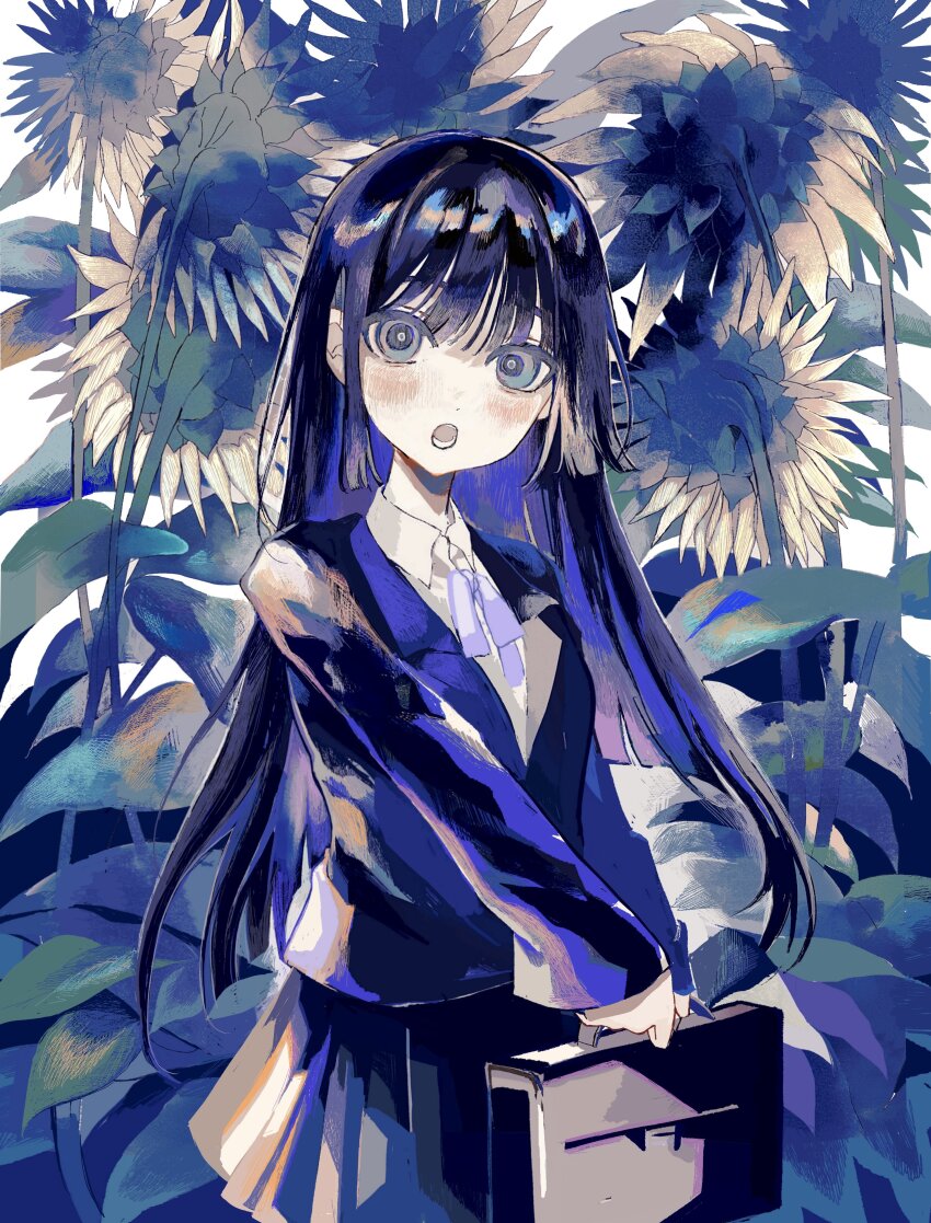 1girl absurdres bag blue_theme flower highres holding holding_bag jacket long_hair looking_at_viewer open_mouth original own_hands_together school_uniform skirt sochira solo standing sunflower