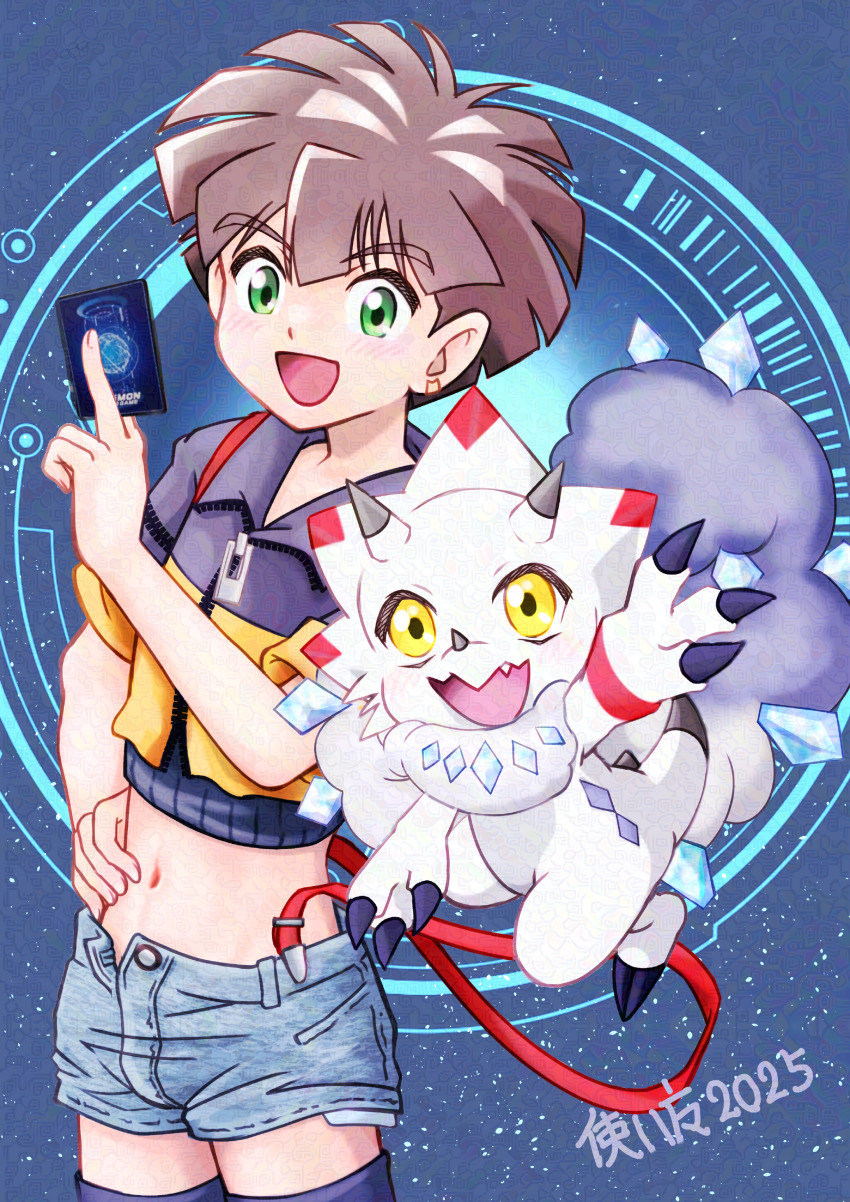 1boy absurdres amanokawa_hiro black_jacket blue_background blue_shorts brown_hair card commentary_request cosplay cowboy_shot cropped_jacket digimon digimon_alysion digimon_card_game digimon_ghost_game gammamon gemmon gemmon_(cosplay) green_eyes highres holding holding_card hondo_kanata hondo_kanata_(cosplay) jacket midriff navel orange_jacket short_hair short_shorts shorts simple_background trading_card triceratops tsukaima_(vfcou)
