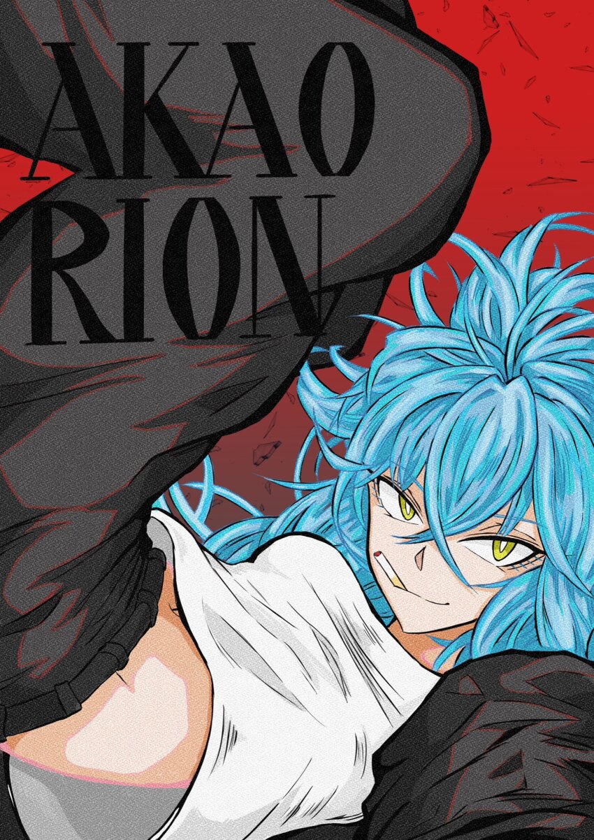 1girl akao_rion black_pants breasts character_name cigarette ebponpoa13 hair_between_eyes highres long_hair looking_at_viewer midriff mouth_hold pants red_background sakamoto_days shirt simple_background small_breasts solo white_shirt yellow_eyes