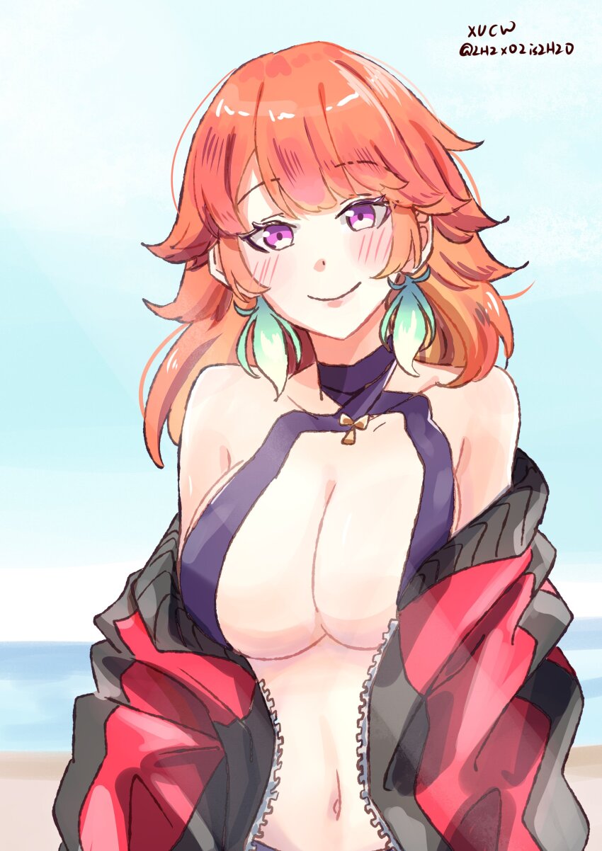 1girl absurdres blush borrowed_clothes breasts closed_mouth earrings feather_earrings feathers gradient_hair green_highlights highres hololive hololive_english jacket jewelry large_breasts long_hair long_sleeves looking_at_viewer multicolored_hair multicolored_jacket one-piece_swimsuit orange_hair oversized_clothes purple_eyes simple_background smile solo swimsuit takanashi_kiara two-tone_jacket virtual_youtuber xu_chin-wen