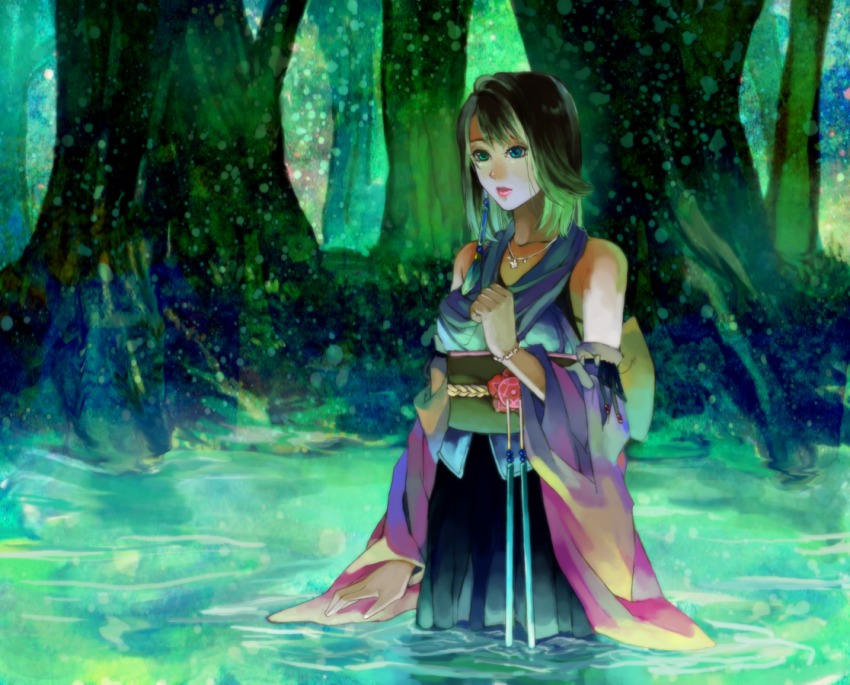 00s 1girl blue_eyes breasts brown_hair detached_sleeves female_focus final_fantasy final_fantasy_x green_eyes hair_ornament hakama hakama_skirt halu-ca heterochromia japanese_clothes jewelry necklace short_hair skirt solo yuna yuna_(ff10)