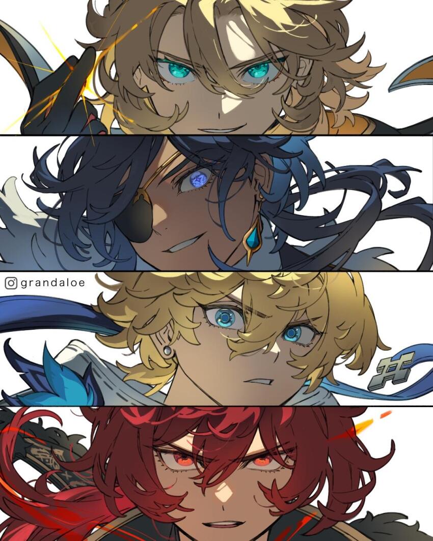 4boys albedo_(genshin_impact) aqua_eyes black_gloves black_hair blonde_hair blue_eyes column_lineup commentary diluc_(genshin_impact) earrings english_commentary eyepatch floating_hair genshin_impact gloves grandaloe hair_between_eyes highres instagram_username jewelry kaeya_(genshin_impact) long_hair looking_at_viewer male_focus mika_(genshin_impact) multiple_boys parted_lips portrait red_eyes red_hair short_hair simple_background single_earring smile white_background
