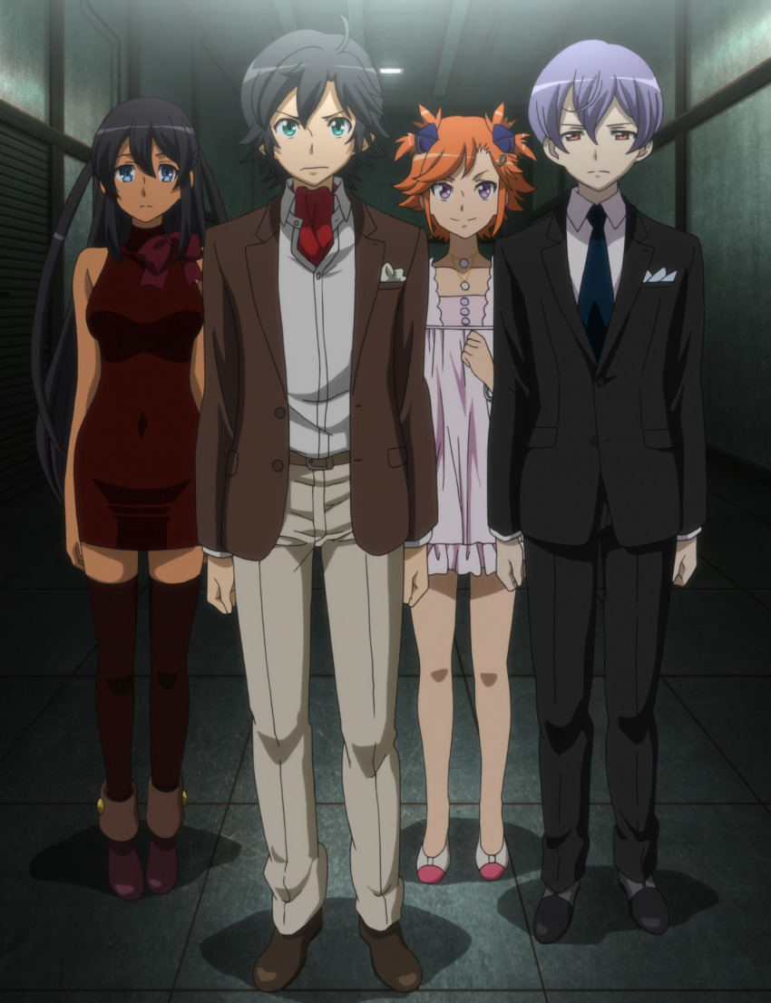 absurdres arashi_teppei captain_earth dress frown highres manatsu_daichi mutou_hana smile tuxedo yomatsuri_akari