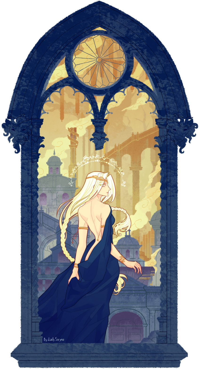 1girl absurdres armlet backless_dress backless_outfit bare_arms bare_back bare_shoulders blonde_hair blue_dress blue_eyes border bracelet braid building circlet cityscape cloud dress elden_ring from_behind gold_armlet gold_bracelet gold_circlet highres jewelry ladysiryna long_braid long_hair looking_back multiple_braids ornate_border pillar queen_marika_the_eternal sideways_glance sky sleeveless sleeveless_dress yellow_clouds yellow_sky