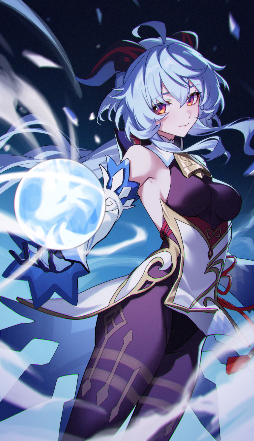 1girl absurdres ahoge bare_shoulders bell black_gloves blue_hair bodystocking breasts detached_sleeves ganyu_(genshin_impact) genshin_impact gloves goat_horns hair_between_eyes highres horns long_hair looking_at_viewer medium_breasts neck_bell pantyhose shali sidelocks smile solo